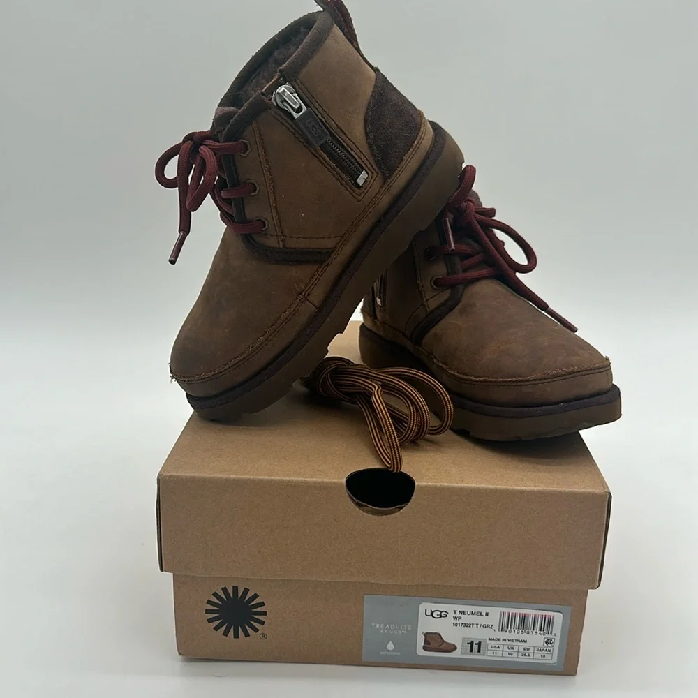 UGG Kids Brown Lace-Up Waterproof Boots with Burgundy Laces